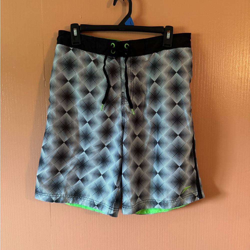 Speedo Black & White Pattern Swim Trunks with Green Lining Men’s Size S